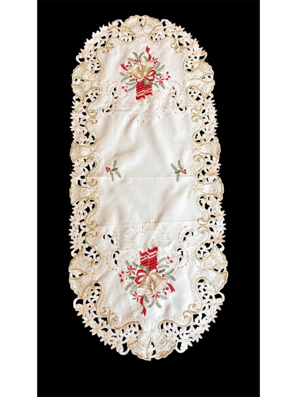 Elegant Embroidered Christmas Satin Table Runner Holiday Bells Gold Metallic 33”